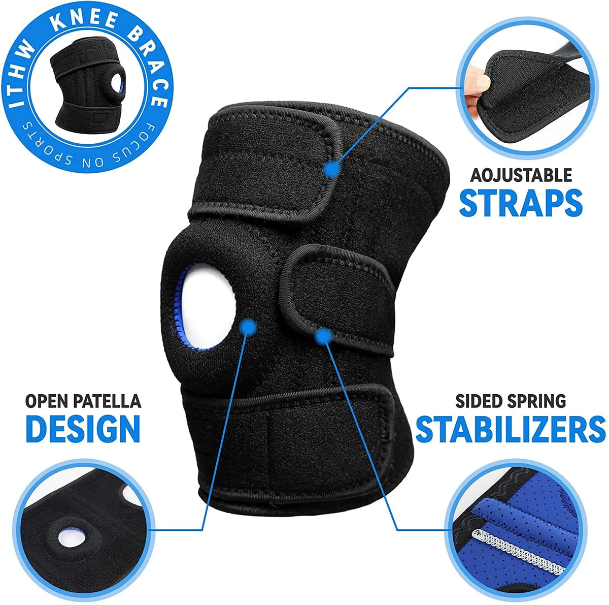 Open Patella Knee Support Brace – Adjustable Compression Sleeve for Pain Relief & Sports Injury Recovery. 2 PIECES(For 2 Knees)