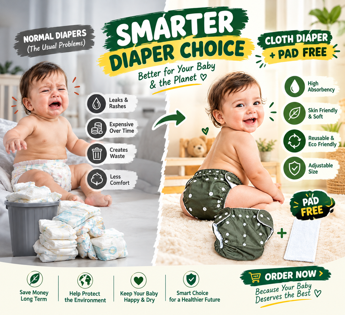 Washable Baby Cloth Diapers | Reusable & Adjustable Eco-Friendly Nappies