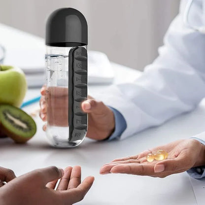 Water Bottle & Pill Organizer - Portable 7-Day Pillbox - for Outdoor, Gym, Travel - Easy Carry